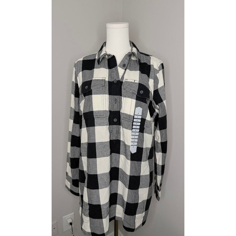 Duluth Trading Co Free Swingin Flannel Tunic Buffalo Plaid Black White Medium M